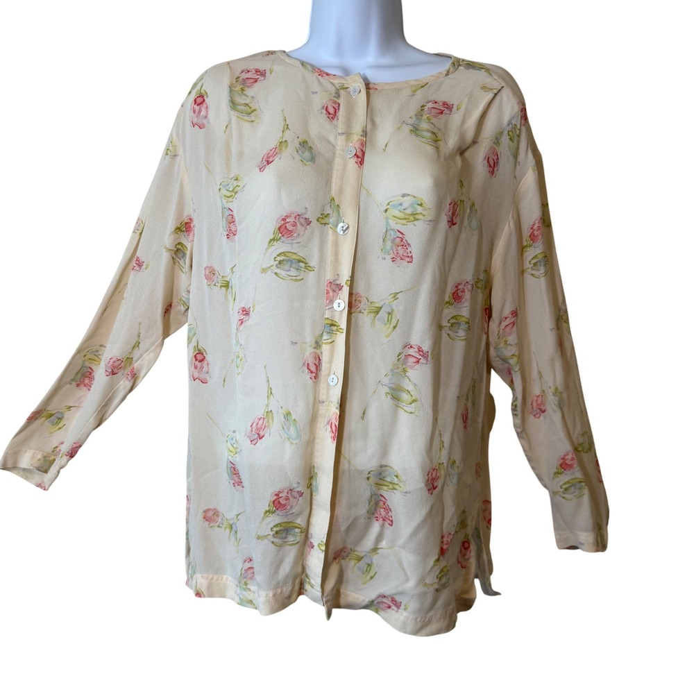 Garnet Hill 100% Silk Floral Rose Print Button Front Blouse Cream Pink Size‎ 10